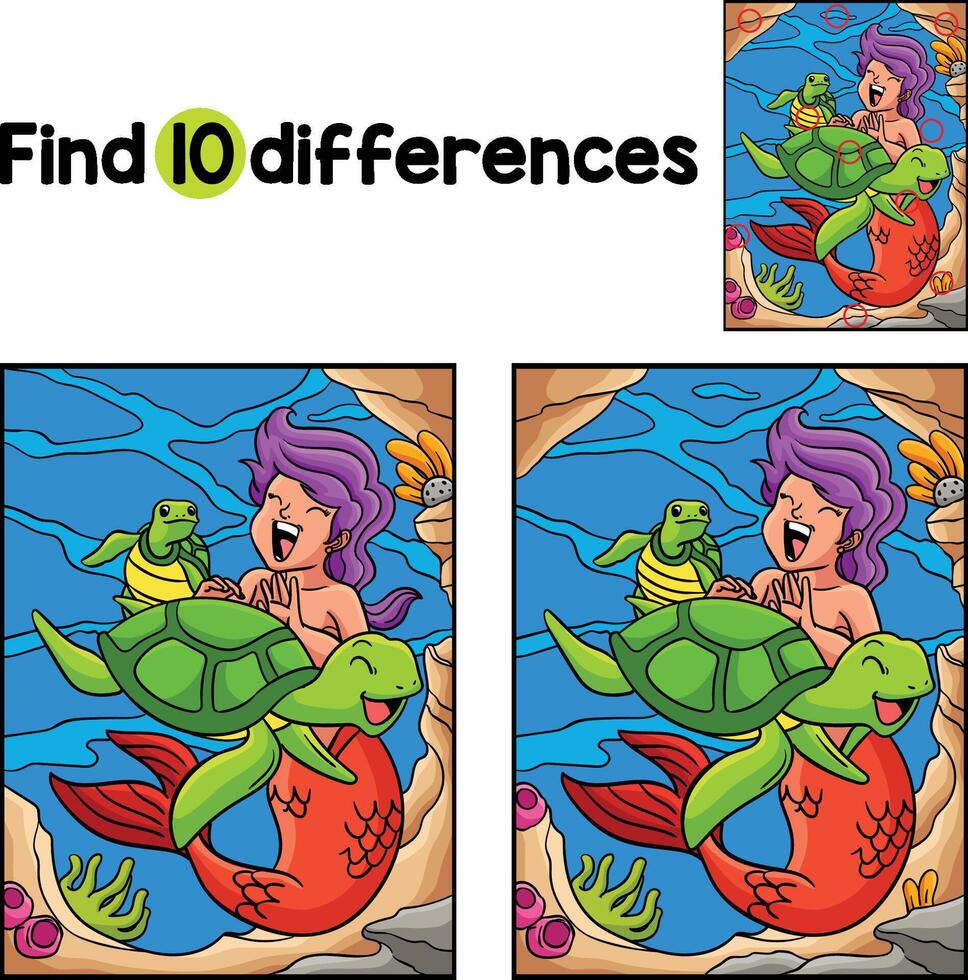 Mermaid Playing with a Turtle Find The Differences vector