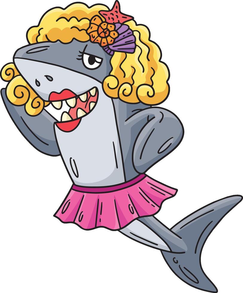 tiburón vistiendo peluca y falda dibujos animados clipart vector