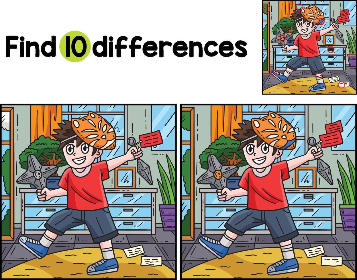 Ninja Child with Shuriken Toy Find The Differences vector