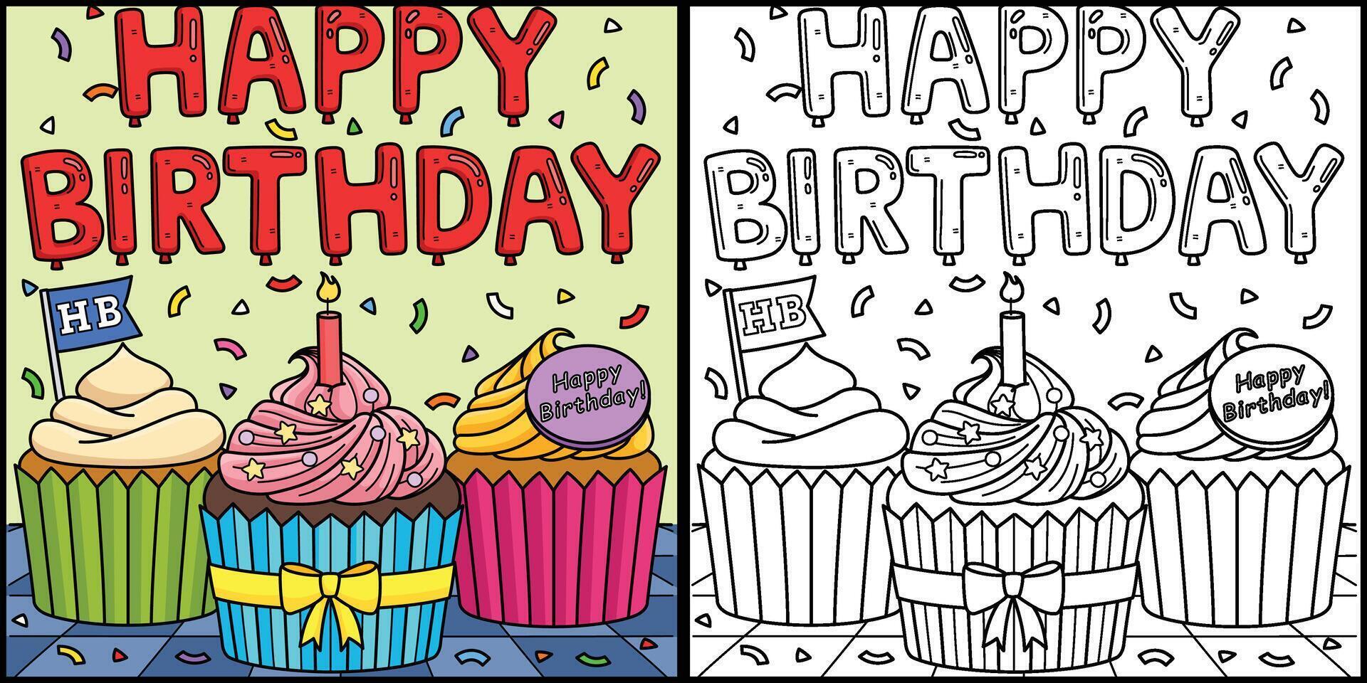 Happy Birthday Cupcakes Coloring Page Illustration vector