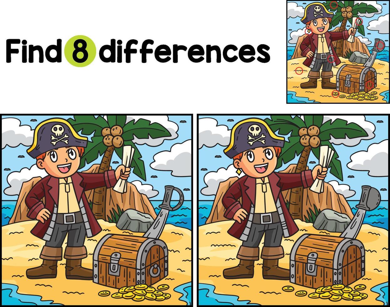 Pirate and Treasure Chest Find The Differences vector