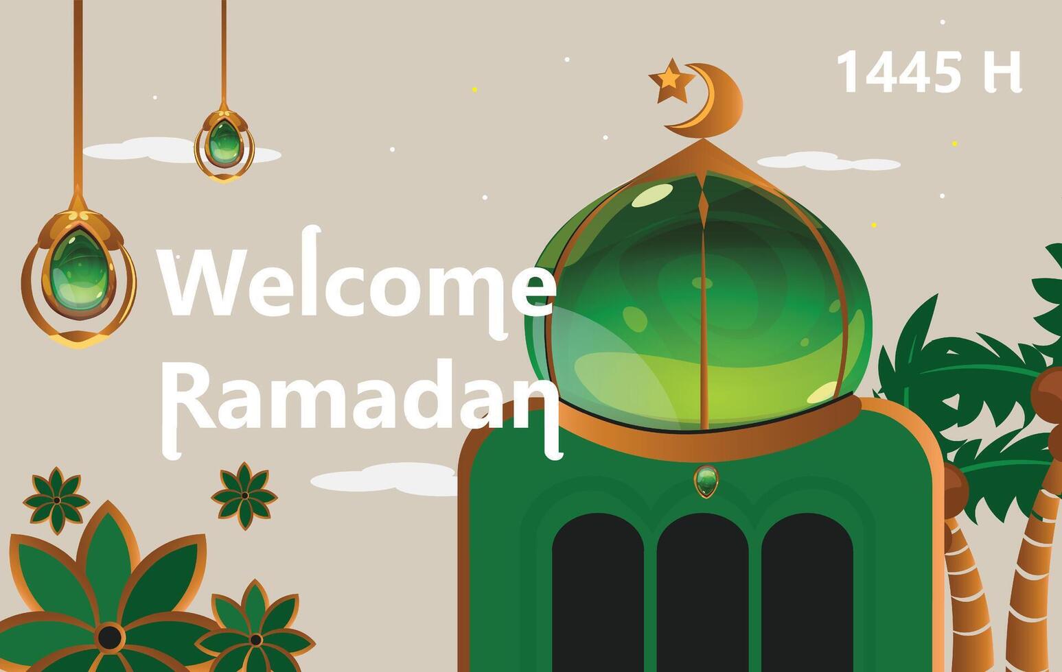 welcome ramadan 1445 hijriyah moeslim background with mosque, light and trees for gift card or wallpaper vector