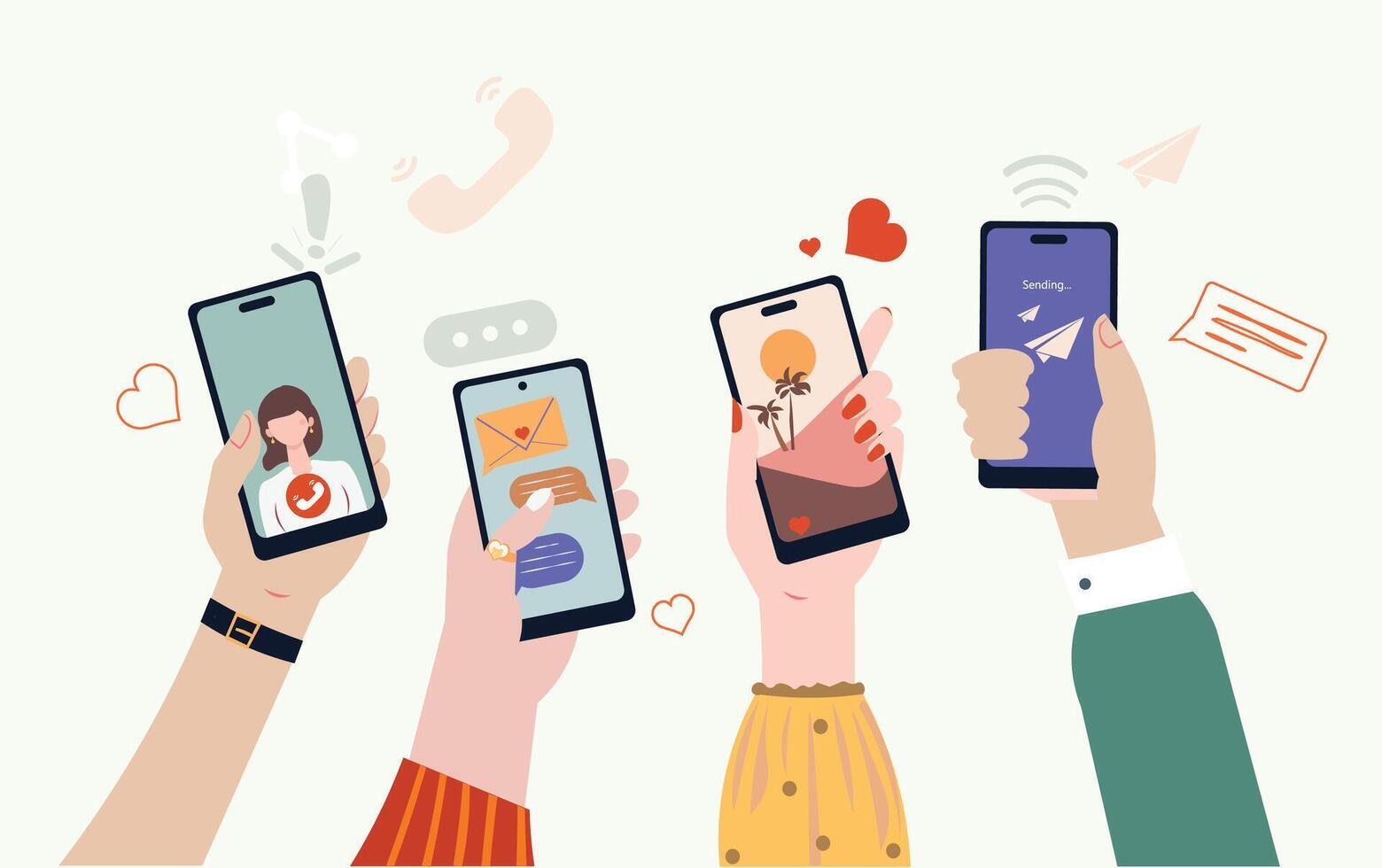 Young People use Smartphones and Surfing in Social Media. Liking Photos. Female and Male Characters Talking in Mobile App. Boys and Girls Chatting, Watching Video. Flat Vector cartoon illustration