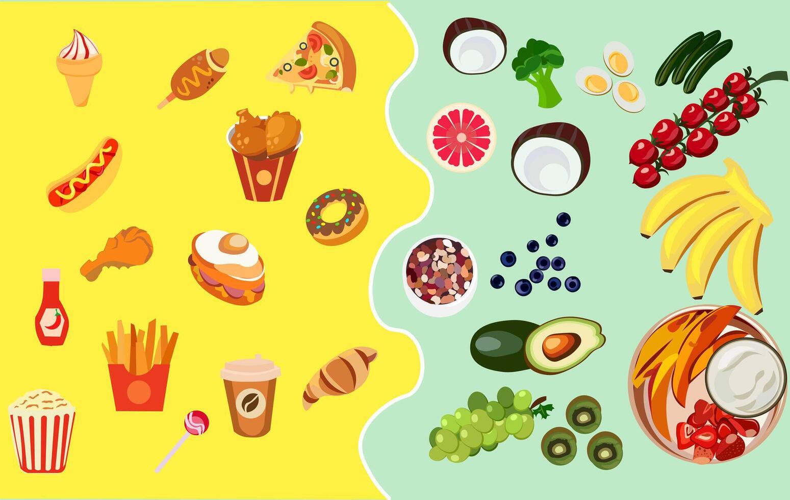 Junk food vs healthy food. less nutrition such as ice cream, hot dog, fried chicken, donuts, candy. Healthy food such as avocado, banana, coconut, boiled egg, blue berry, grapes etc vector