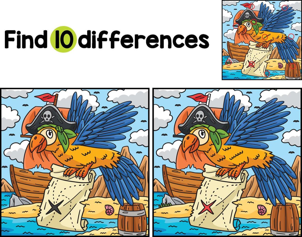 Pirate Parrot with a Map Find The Differences vector