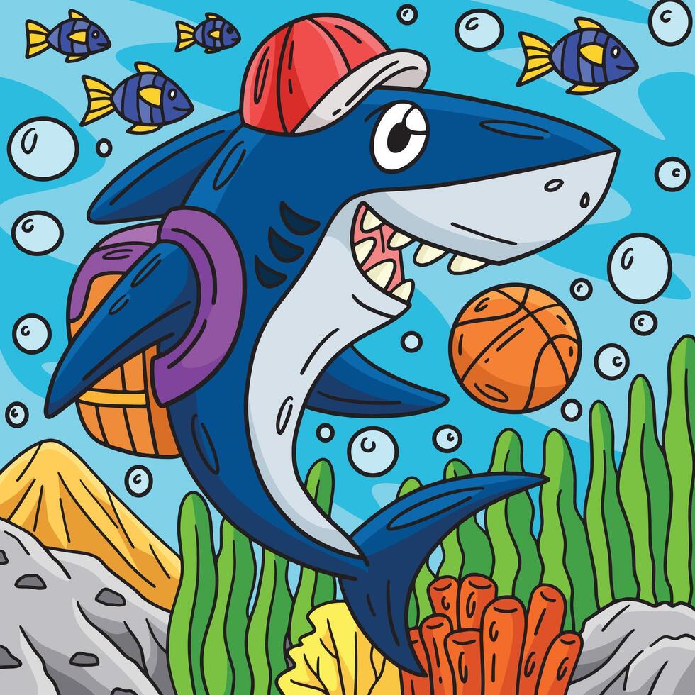 Shark Wearing a School Bag Colored Cartoon vector