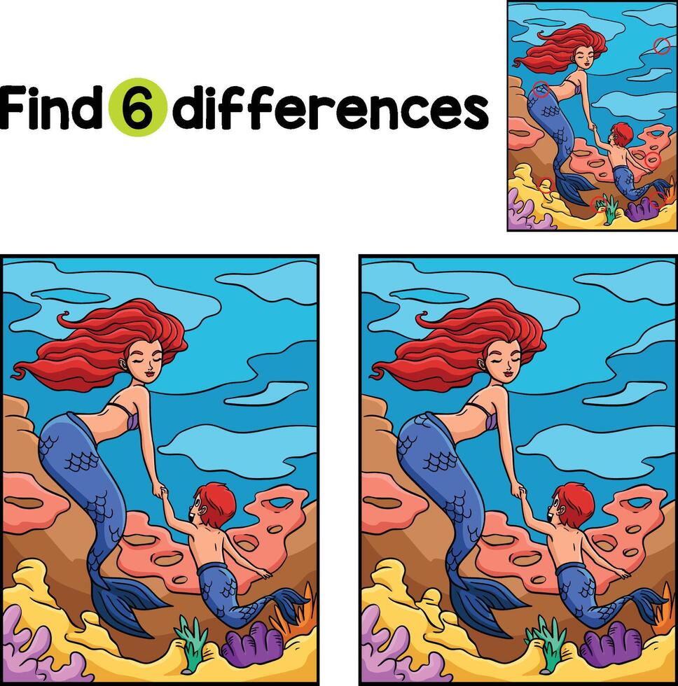 Mermaid and a Young Merman Find The Differences vector