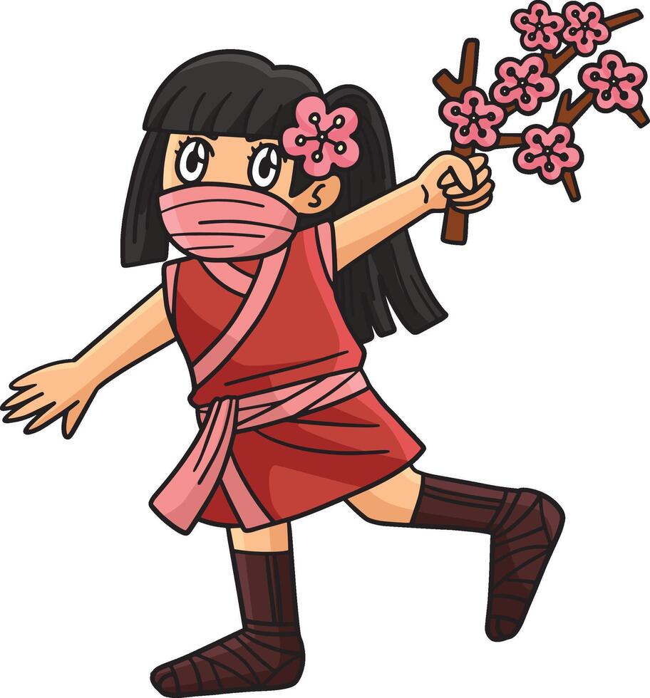 Ninja Kunoichi with Sakura Branch Cartoon Clipart vector
