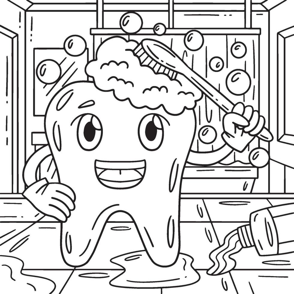 Dental Care Tooth Brushing Coloring Page for Kids vector