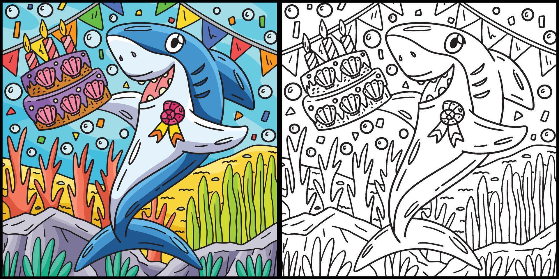 Shark with Birthday Cake Coloring Illustration vector