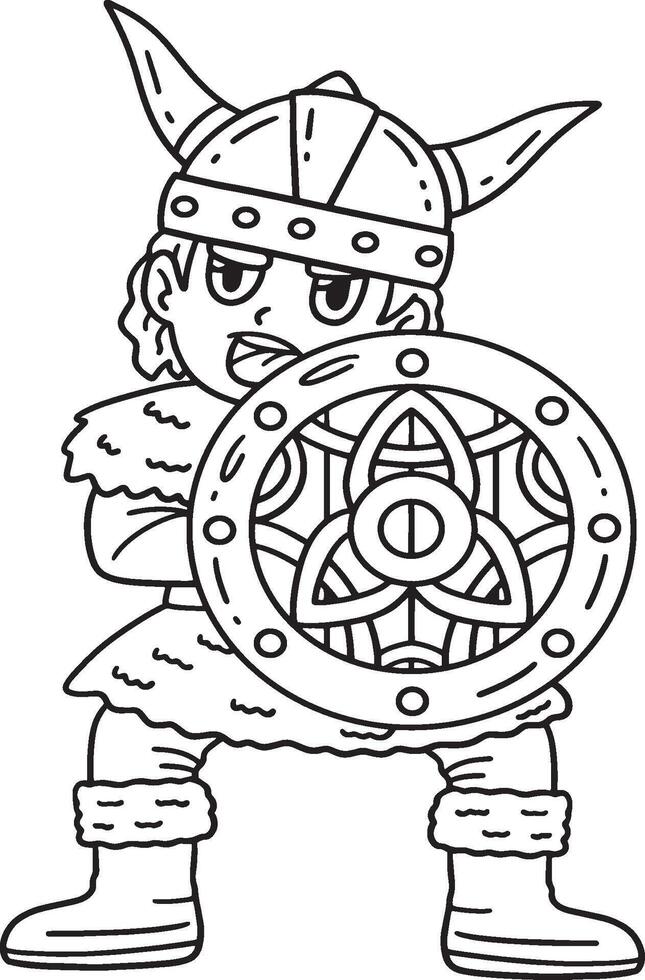 Viking with a Shield Isolated Coloring Page vector