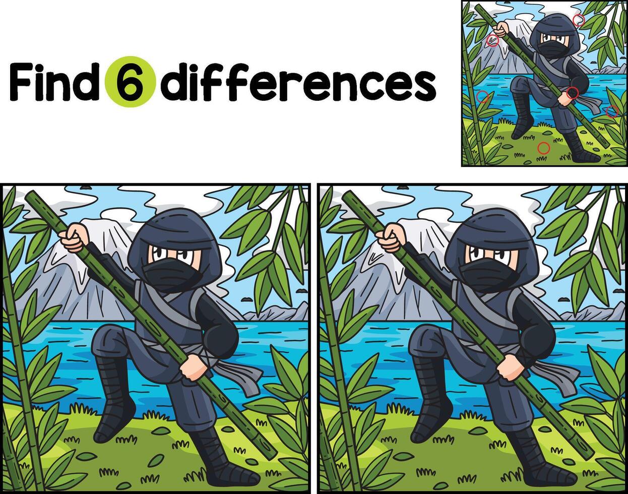 Ninja with a Bamboo Pole Find The Differences vector