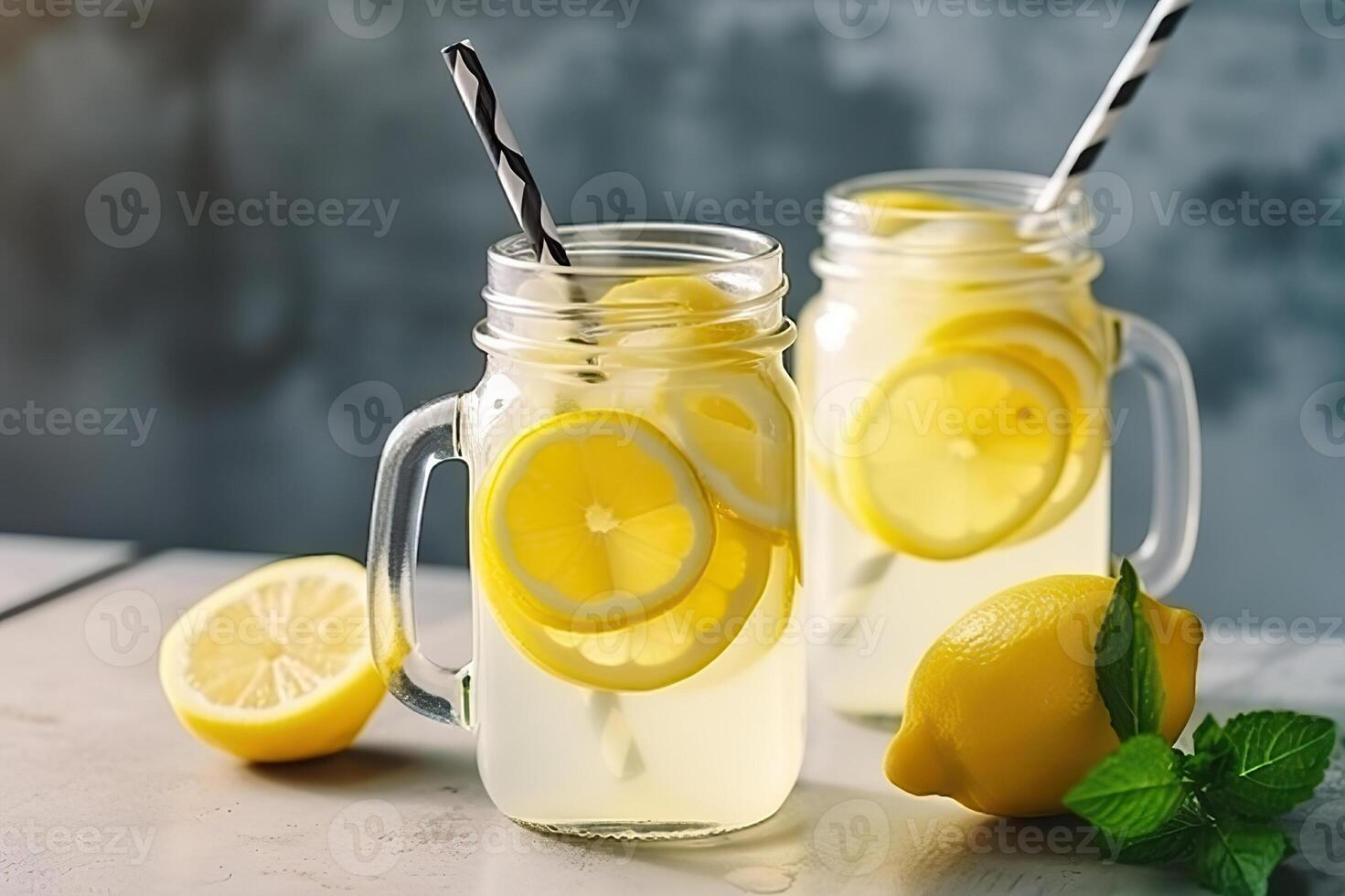 AI generated Refreshing Summer Lemonade in Mason Jars with Lemon Slices and Ice. created with Generative AI photo