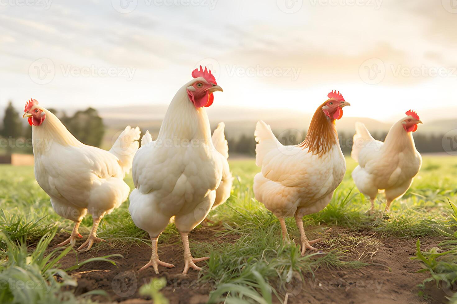 AI generated Hen, rooster and animals with free range in countryside . created with Generative AI photo