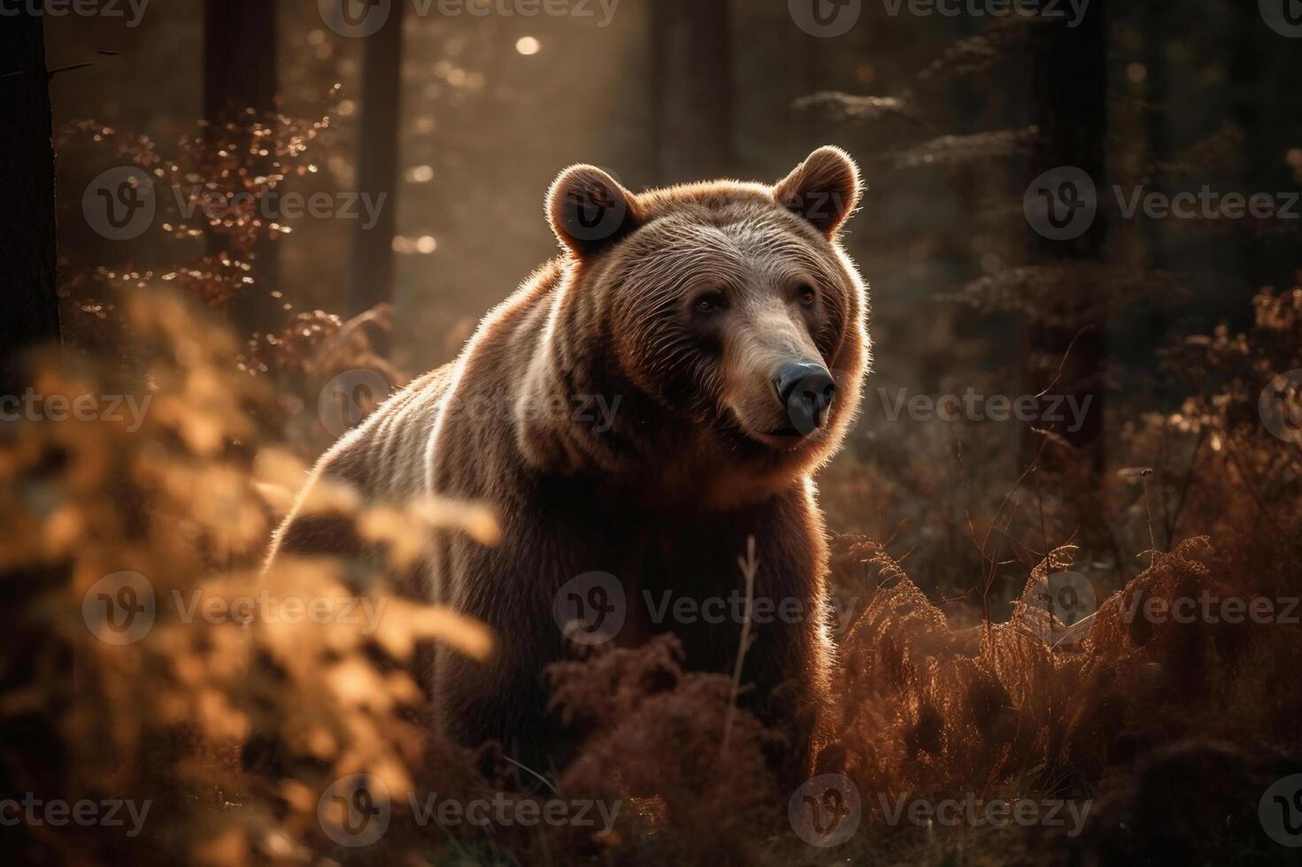 AI generated Bear Standing Still in the Serene Forest. created with Generative AI photo