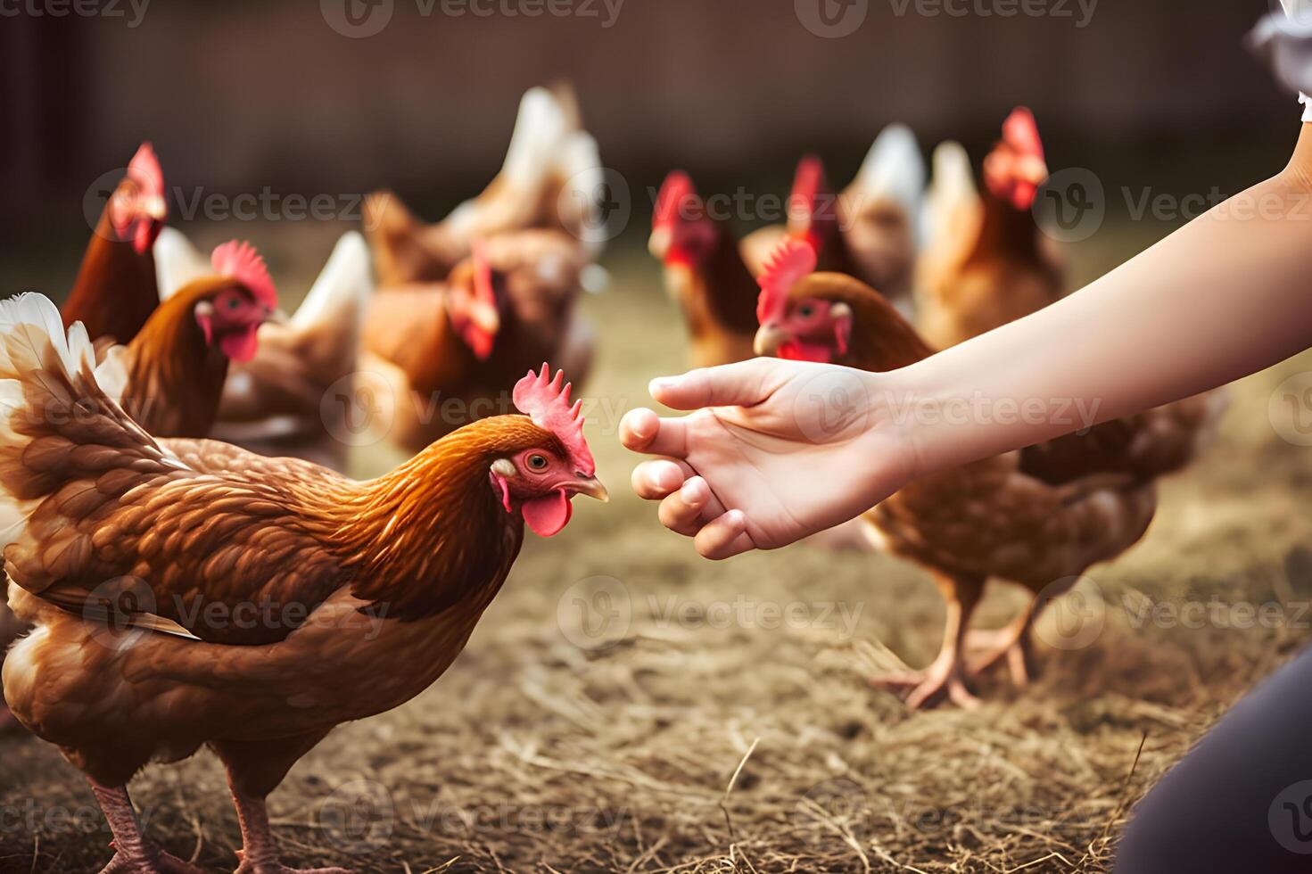 AI generated Caring Hands Tending to Flock of Chickens on the Farm. created with Generative AI photo