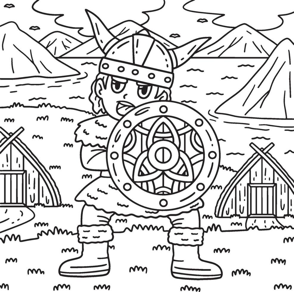 Viking with a Shield Coloring Page for Kids vector