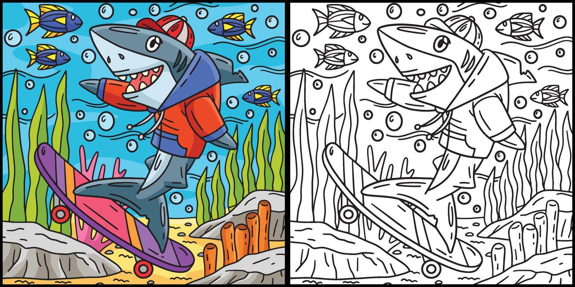 Shark Skateboarding Coloring Page Illustration vector