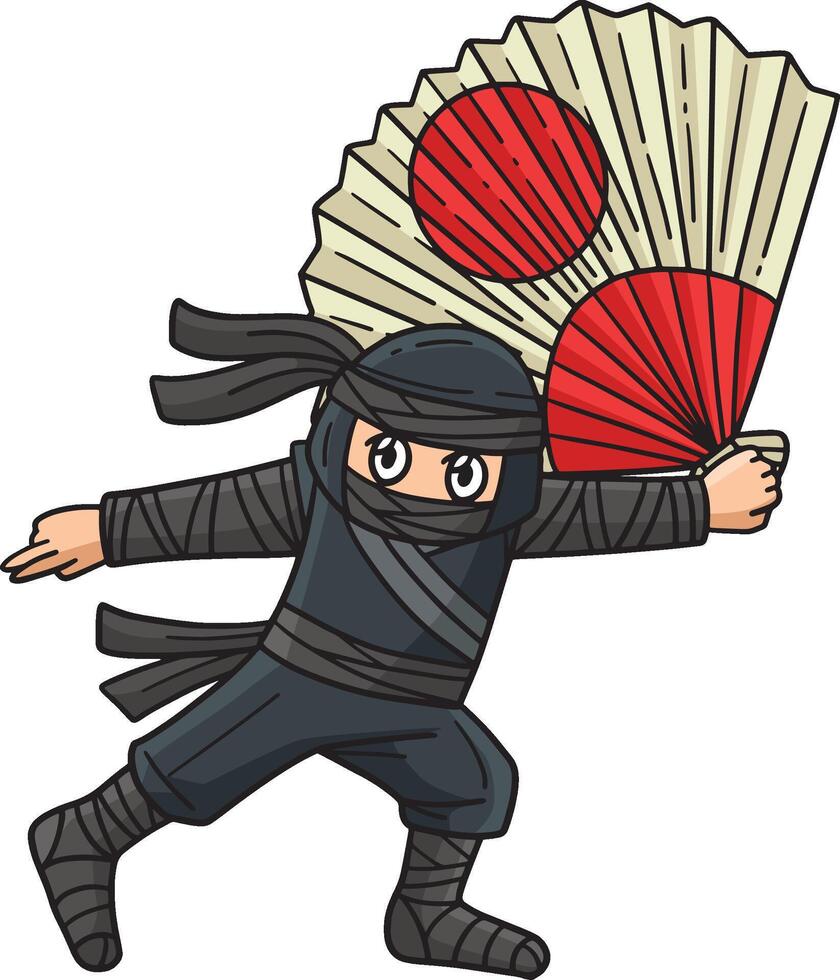 Ninja with a Large Fan Cartoon Colored Clipart vector