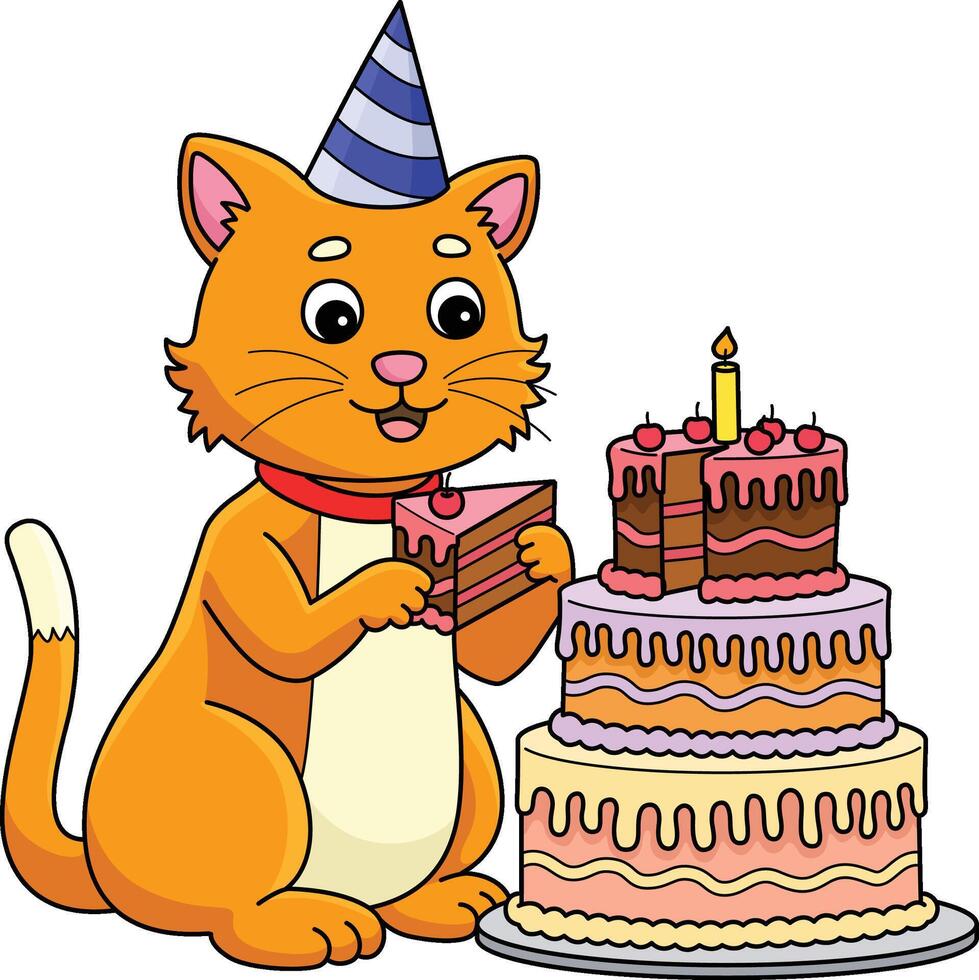 Cat with a Birthday Cake Cartoon Colored Clipart vector