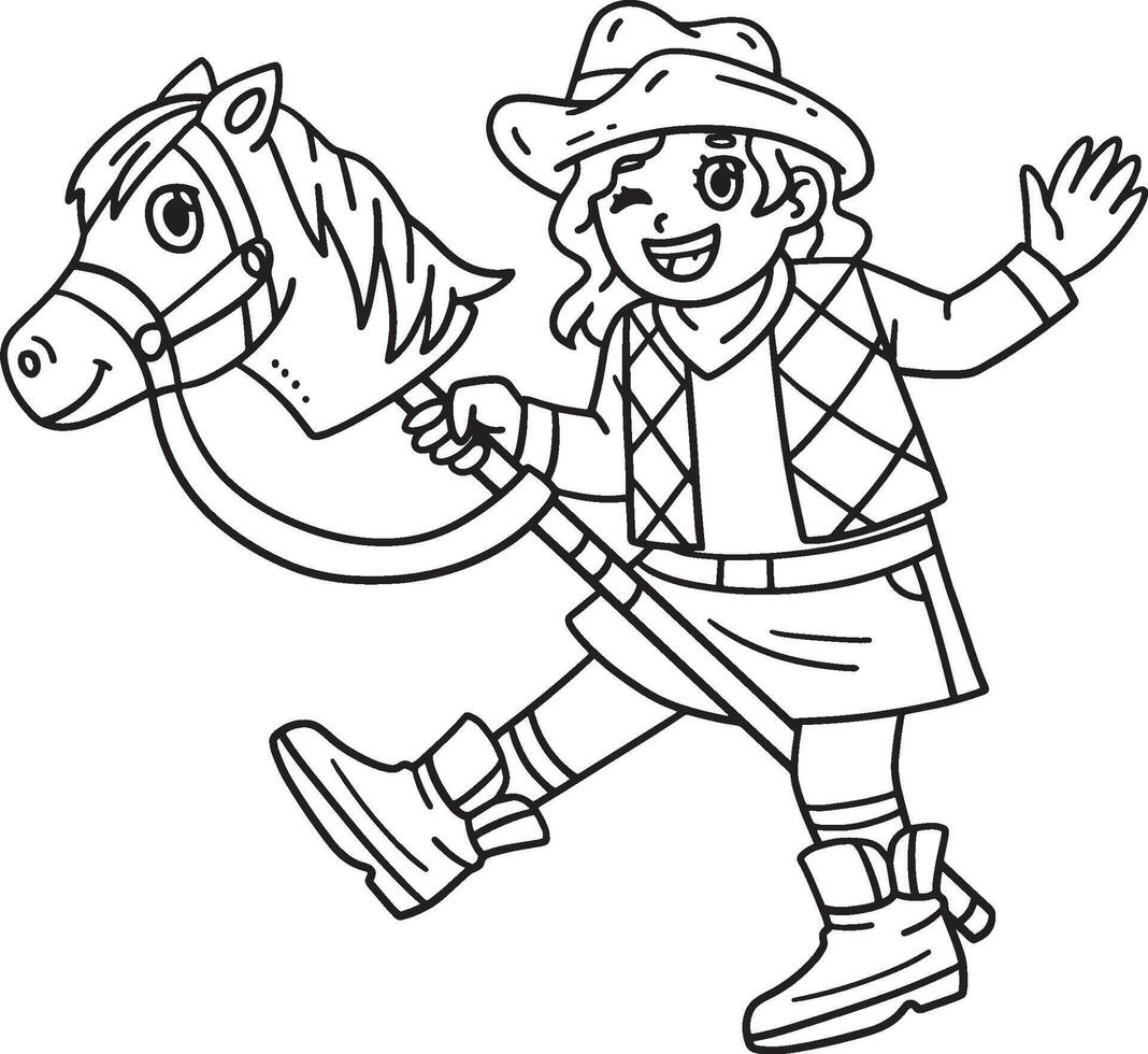 Cowgirl and Toy Horse Isolated Coloring Page vector