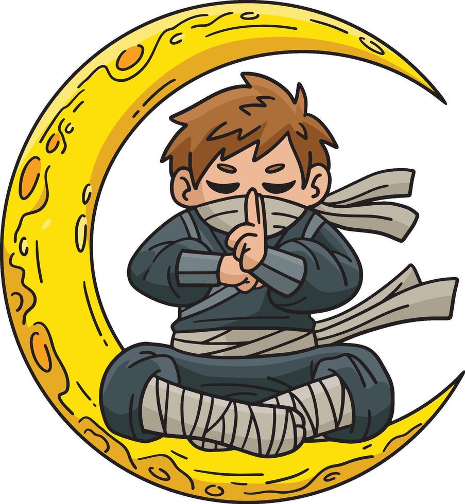 Ninja and Crescent Moon Cartoon Colored Clipart vector