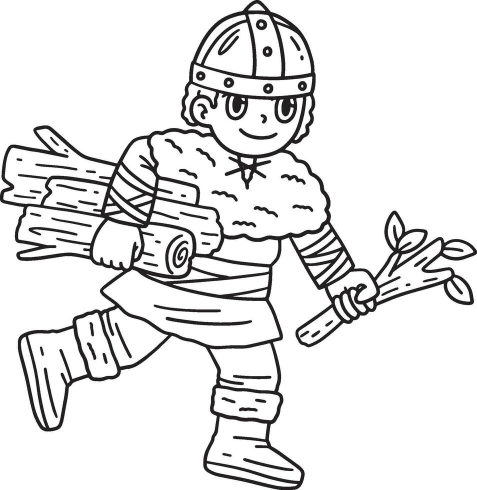 Viking Child Gathering Logs Isolated Coloring Page vector