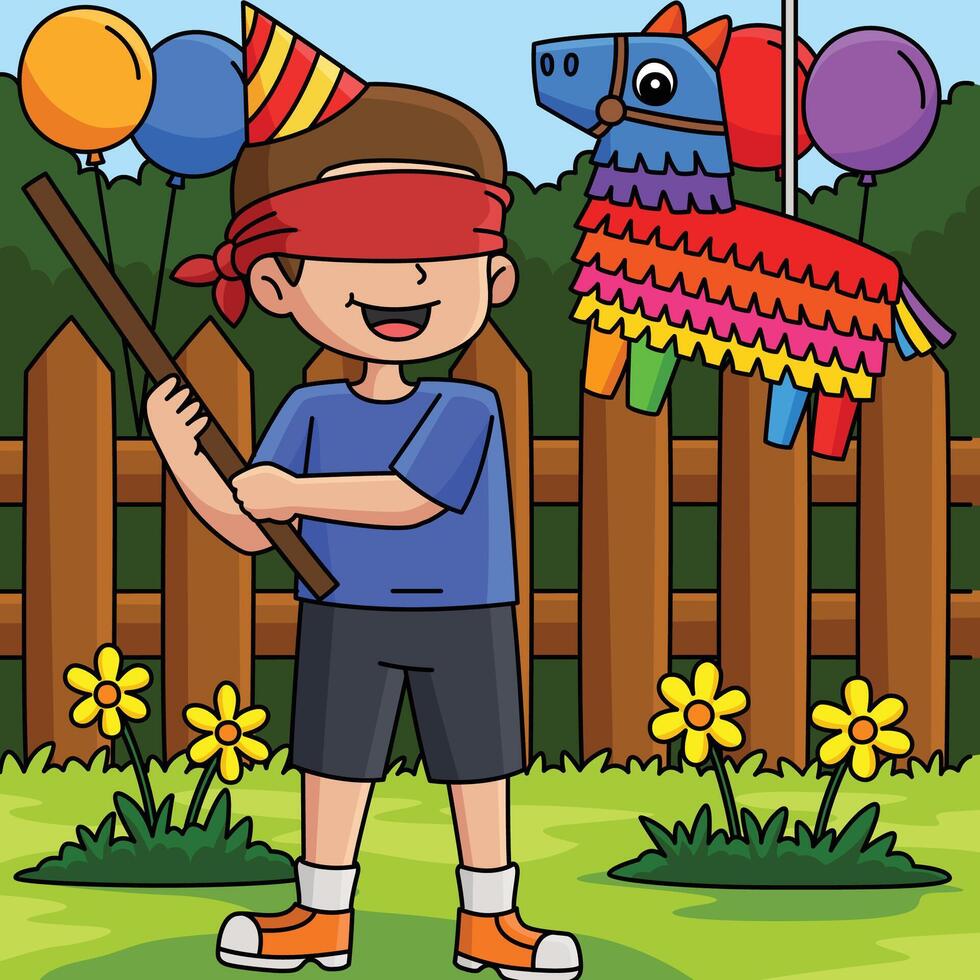 contento cumpleaños chico con piñata de colores dibujos animados vector