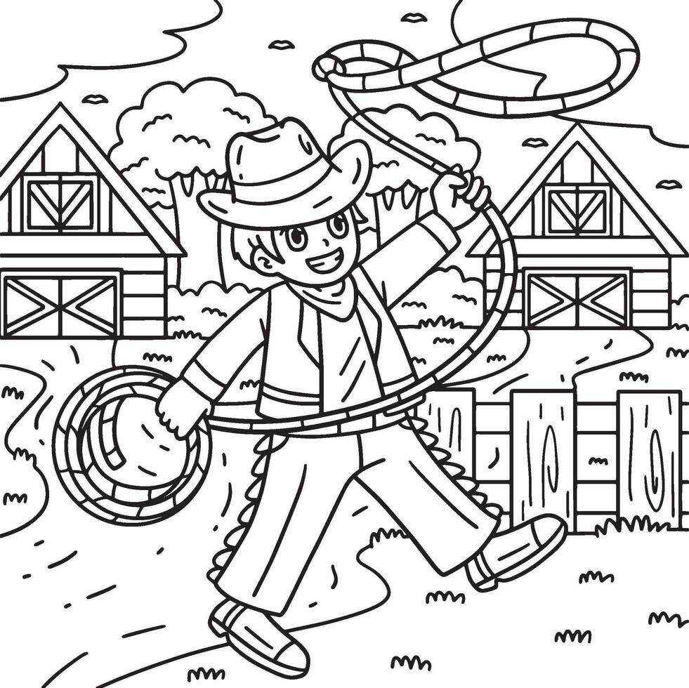 vaquero con lazo colorante página para niños vector