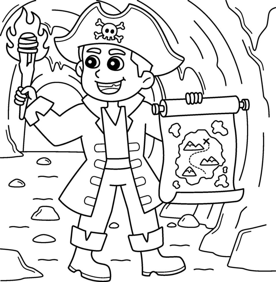 Pirate with a Treasure Map Coloring Page for Kids vector