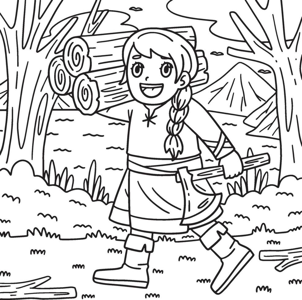 Viking with an Axe and Wood Coloring Page for Kids vector