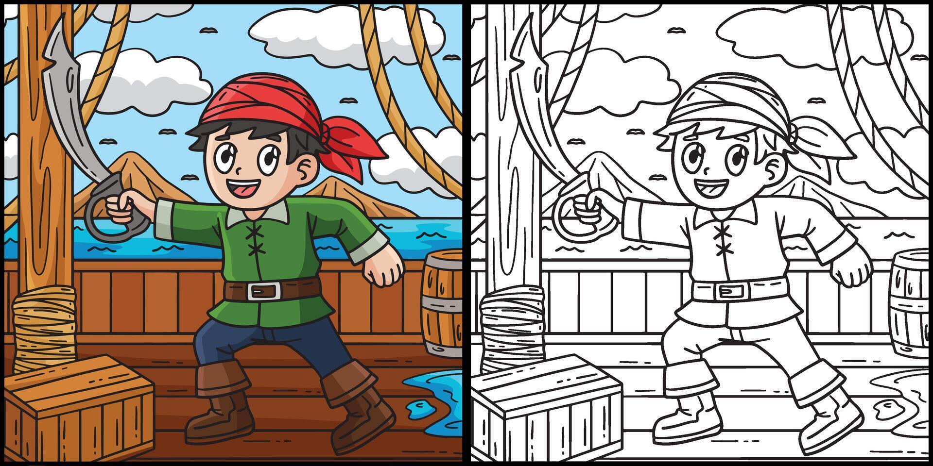 Pirate Holding Cutlass Coloring Page Illustration vector