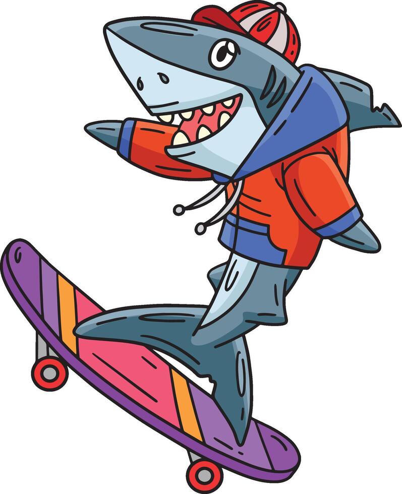 Shark Skateboarding Cartoon Colored Clipart vector
