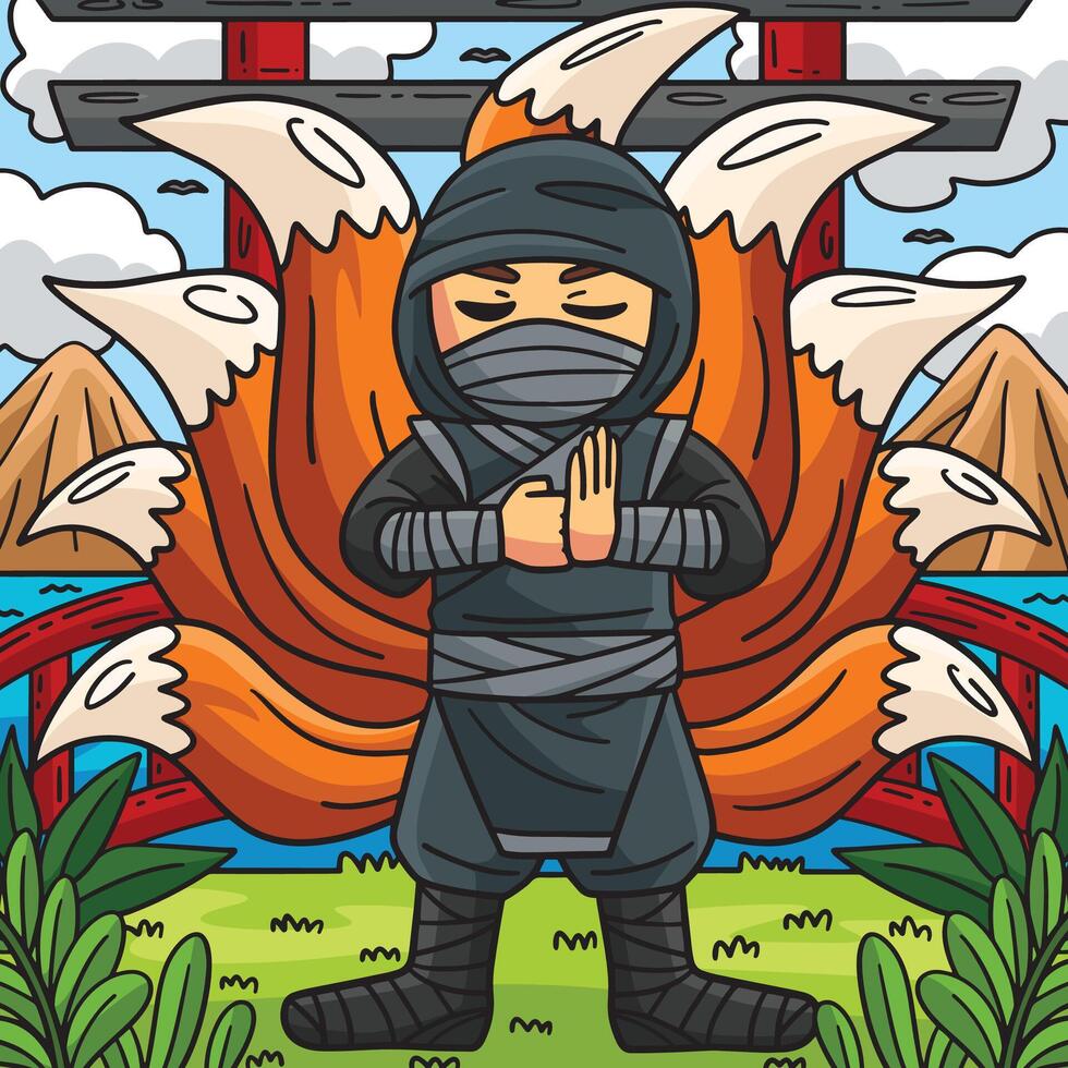 Ninja with Nine Tails Colored Cartoon Illustration vector