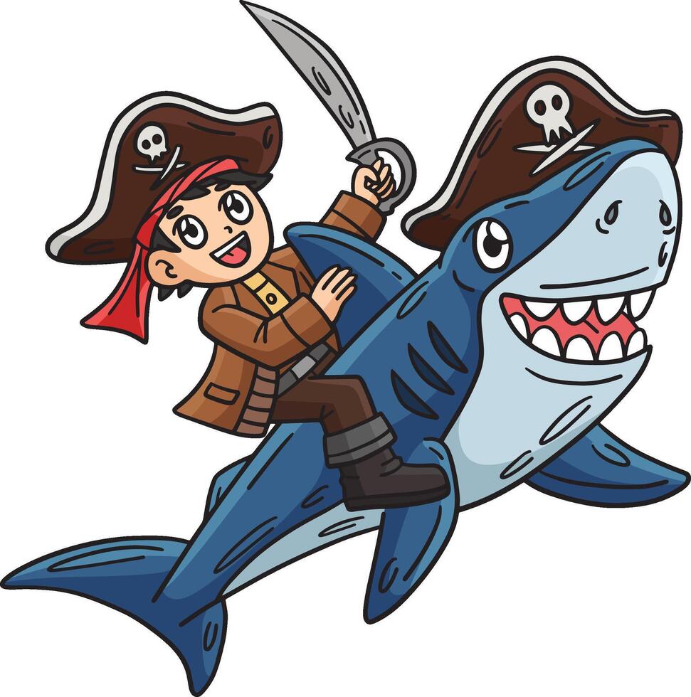 Pirate and Shark Cartoon Colored Clipart vector