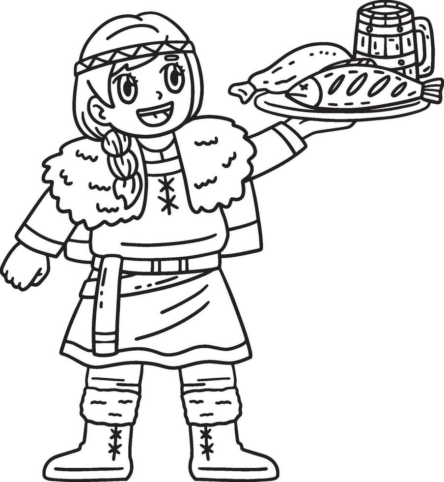 Viking Serving a Meal Isolated Coloring Page vector