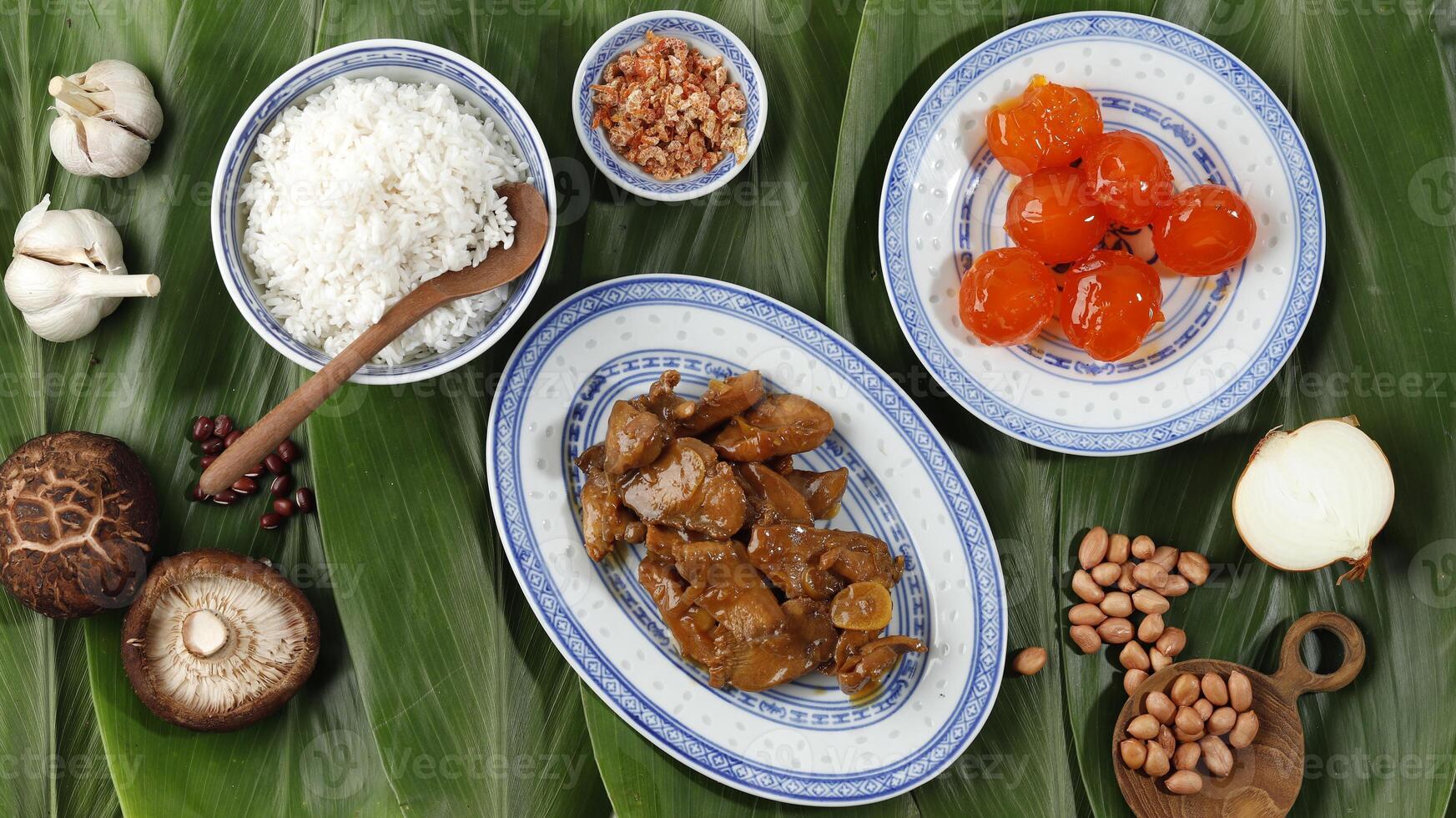 Zongzi Ingredient Preparation, Delicious Traditional Rice Dumpling Food for Dragon Boat Duanwu Festival photo