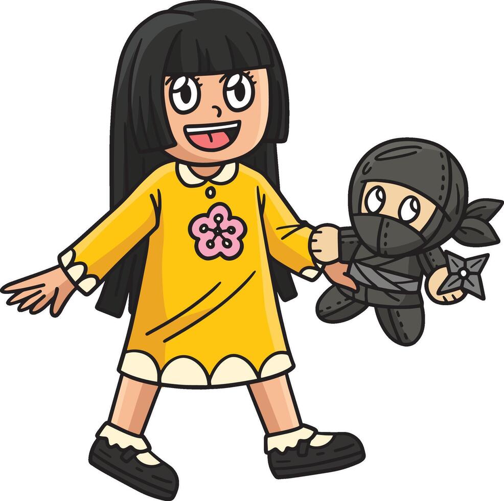 Child with Ninja Plushie Cartoon Colored Clipart vector