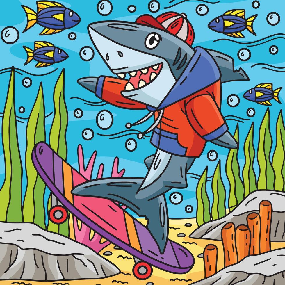 Shark Skateboarding Colored Cartoon Illustration vector