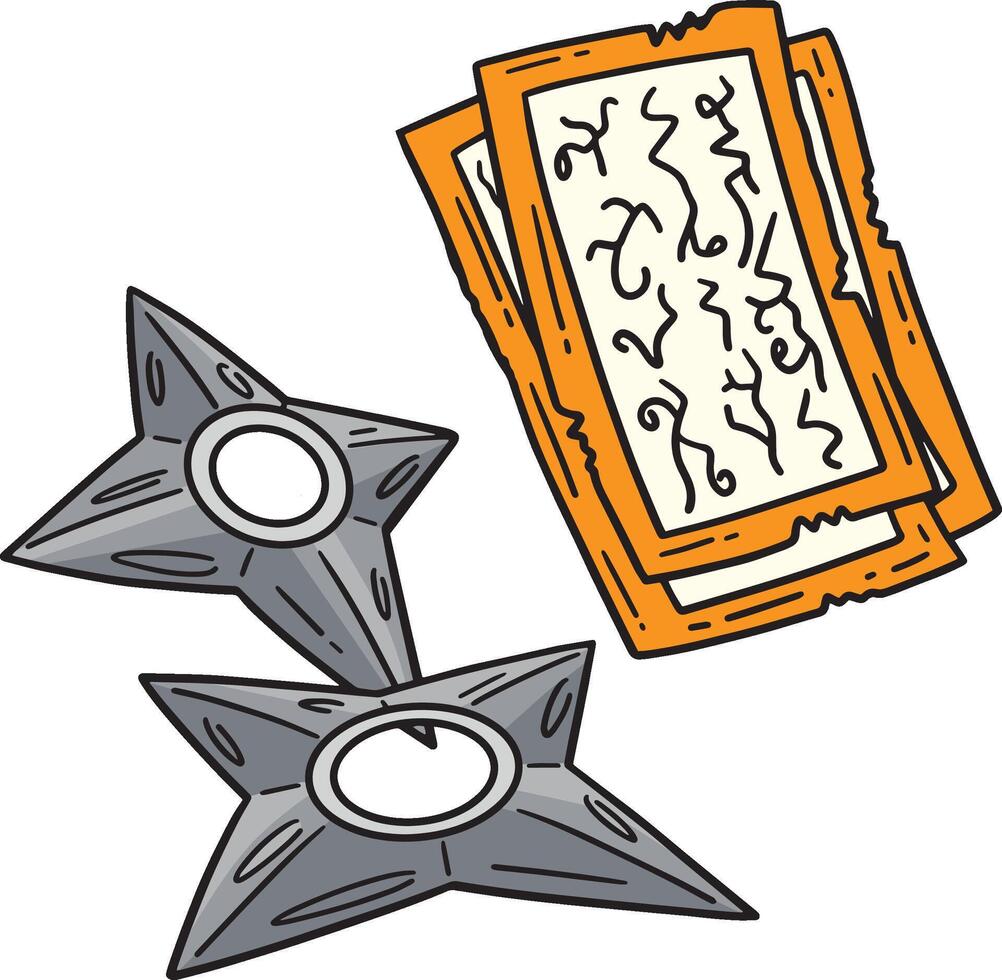 Shuriken and Scroll Cartoon Colored Clipart vector