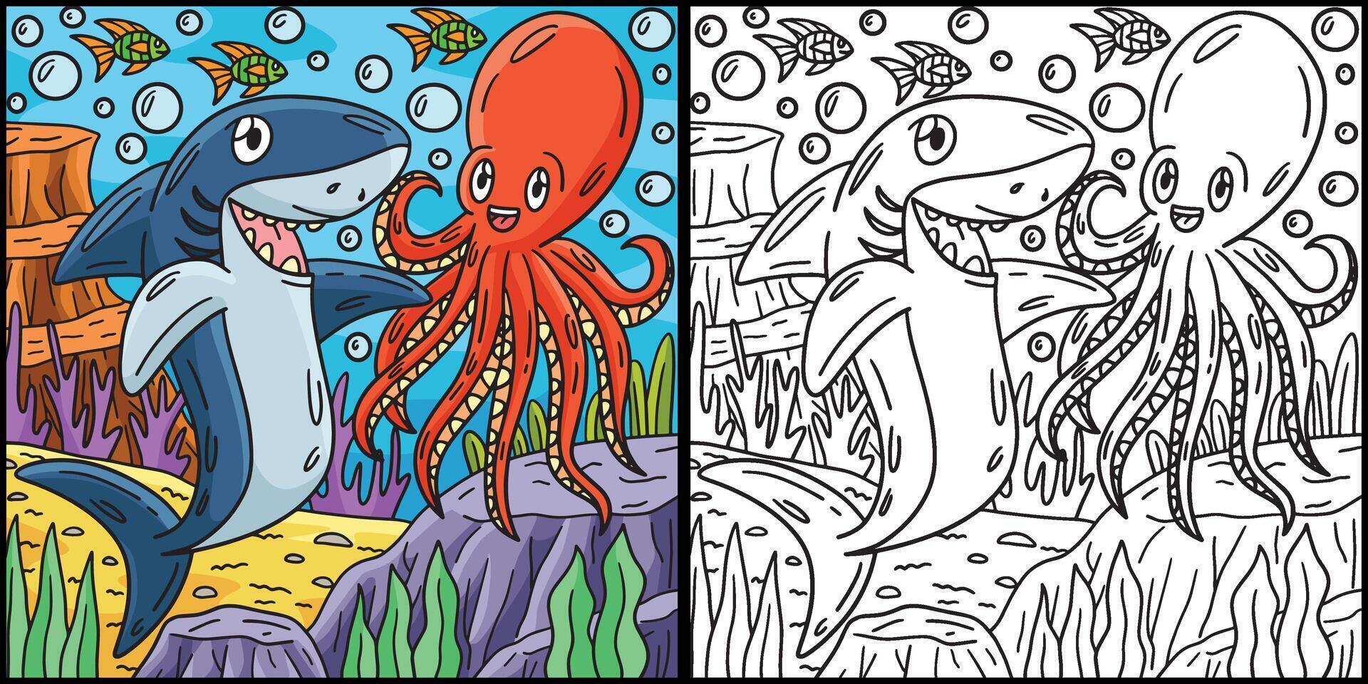 Shark and Octopus Coloring Page Illustration vector