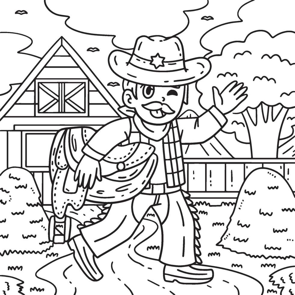 Cowboy Carrying Saddle Coloring Page for Kids vector