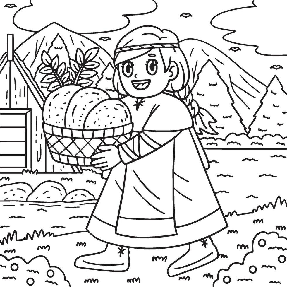 vikingo niño con cesta de un pan colorante página vector