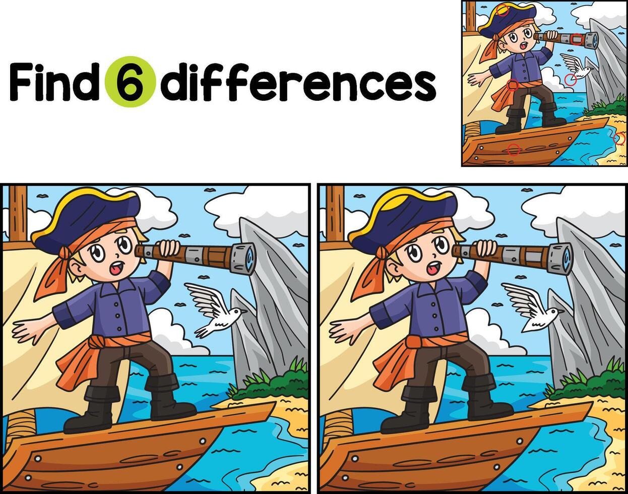 Pirate Looking with Telescope Find The Differences vector