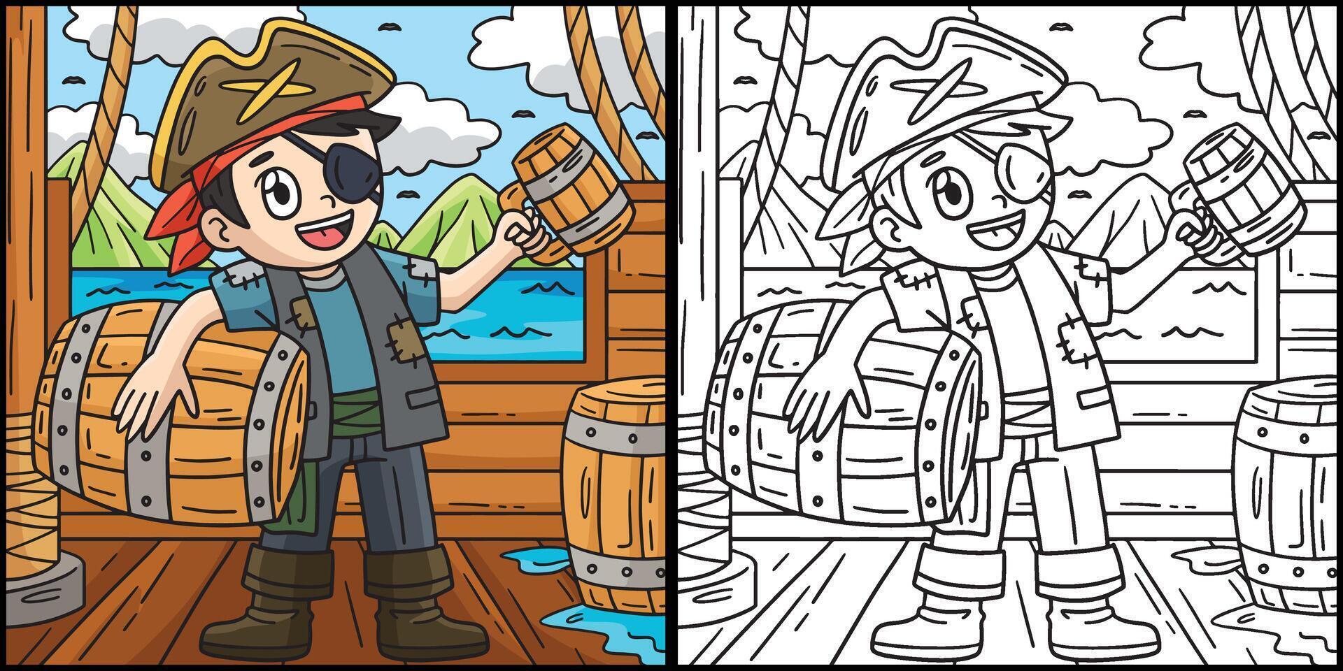Pirate with a Barrel of Rum Coloring Illustration vector