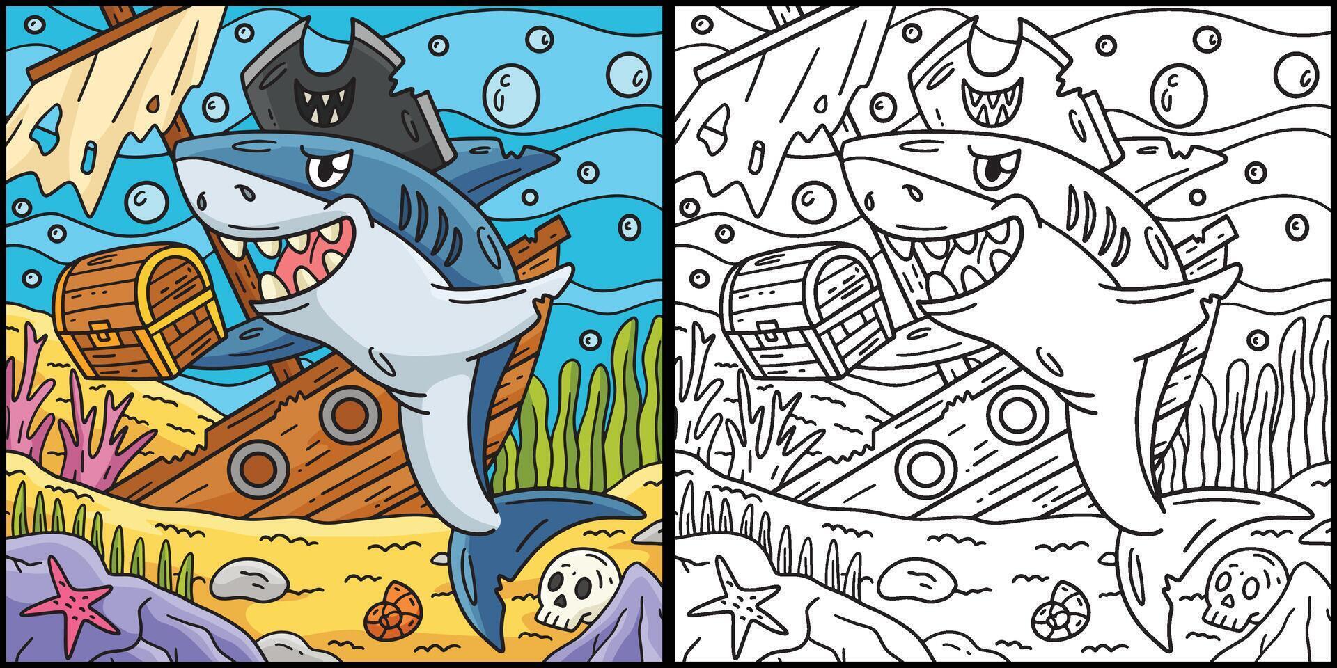 Pirate Shark with a Treasure Chest Illustration vector