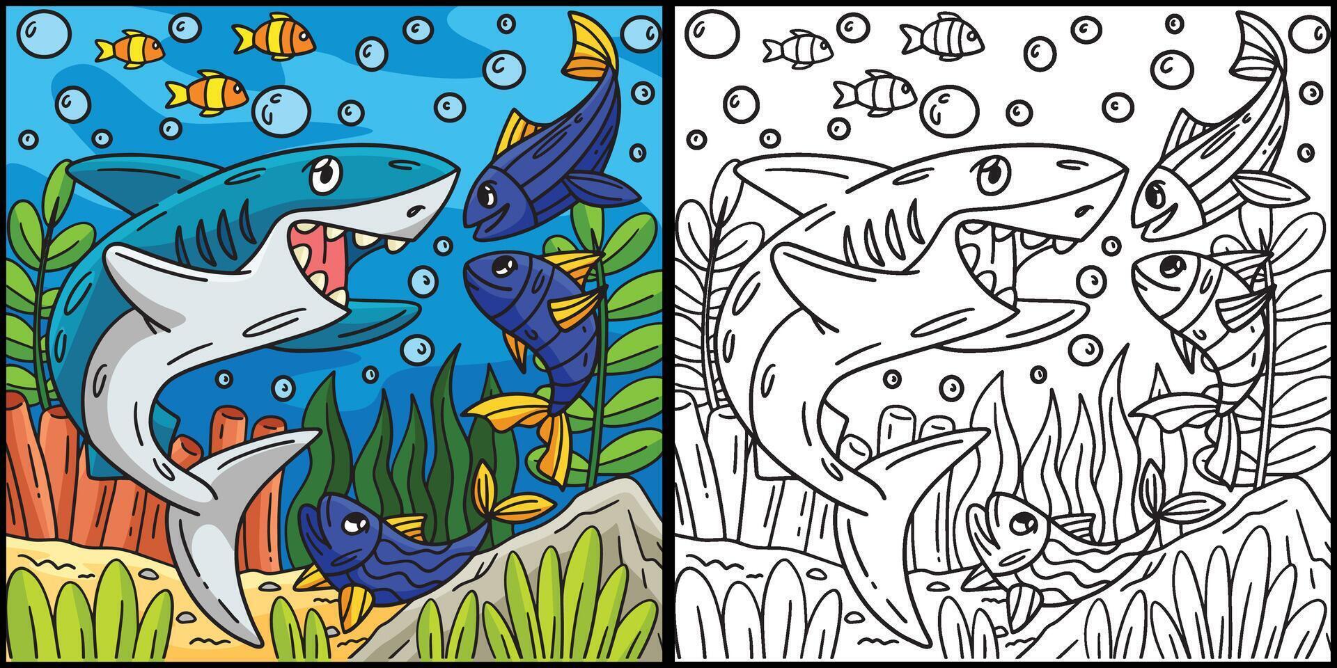 tiburón y pescado amigo colorante página ilustración vector