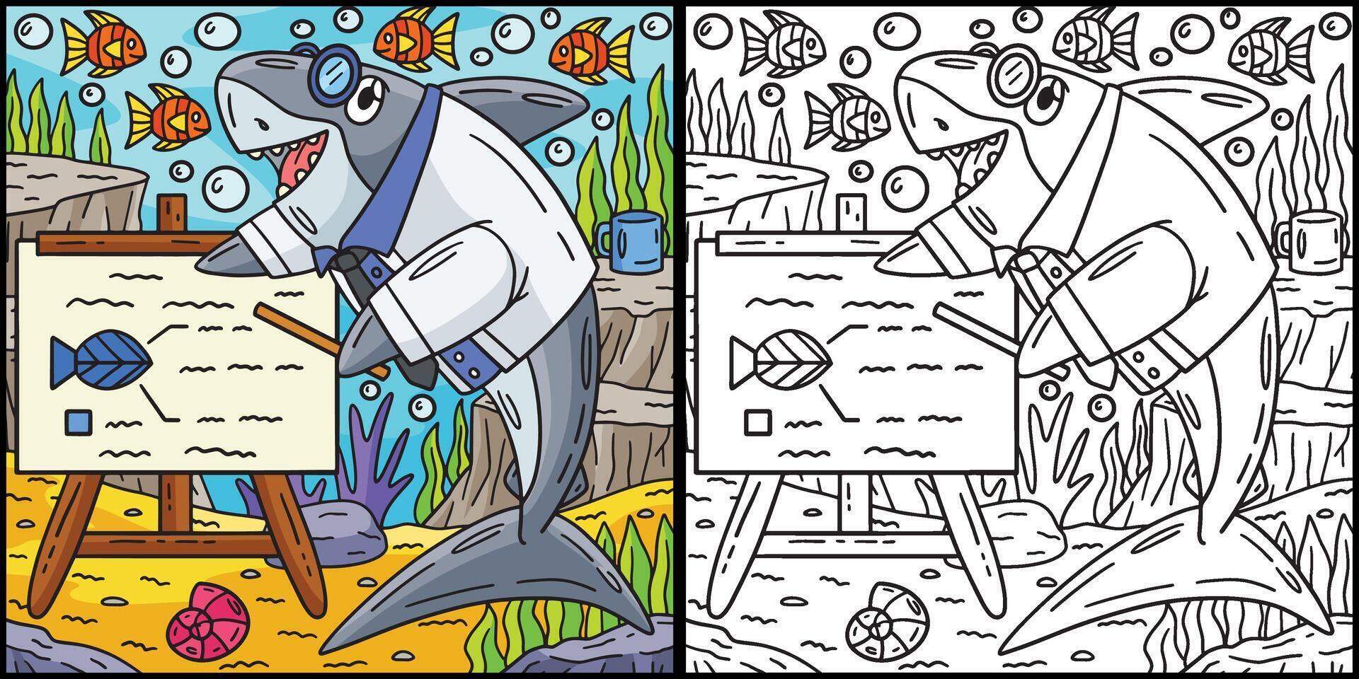 Professor Shark Coloring Page Colored Illustration vector