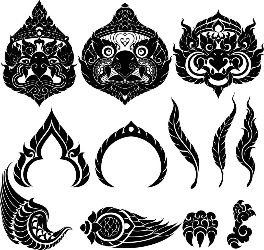 Thai Art Motif with Garuda Heads and Other Artistic Features Elements in Silhouette style vector