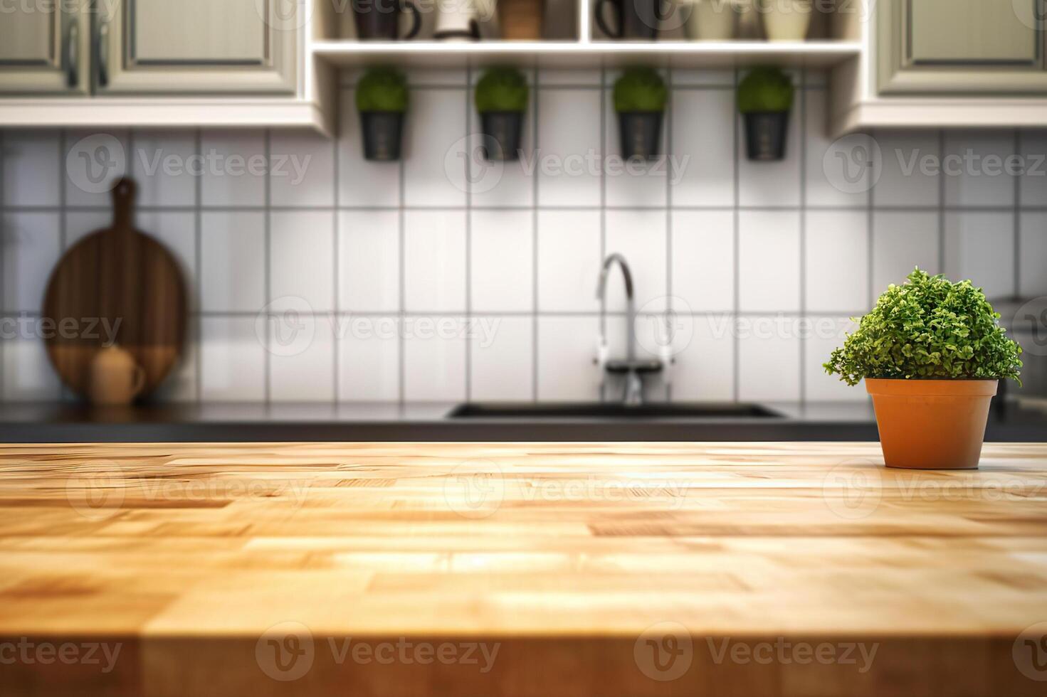 AI generated Minimalist kitchen workspace with empty wooden table top and natural light background. created with Generative AI photo